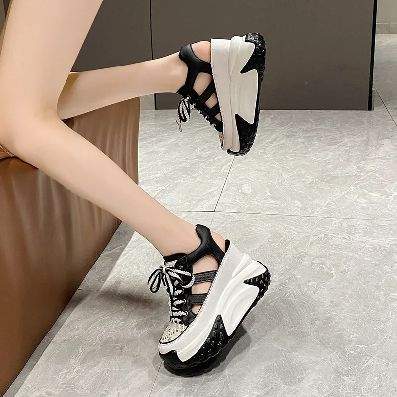 10CM Hollow Summer Sandals Wedge Heels Leather Sneakers Women High Platform Beach Flip Flops Casual Breathable Walking Slippers