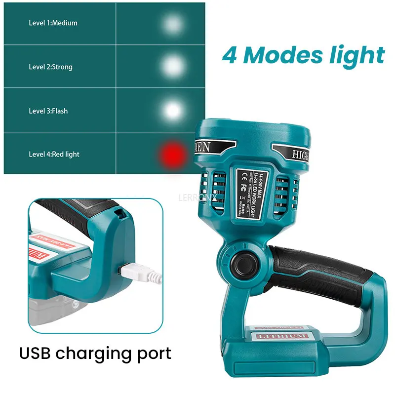 12W LED Cordless Work Light Flashlight for Makita 14.4V-18V BL1430 BL1850 BL1860B Battery Adjustable Outdoor Emergency LED Lamp