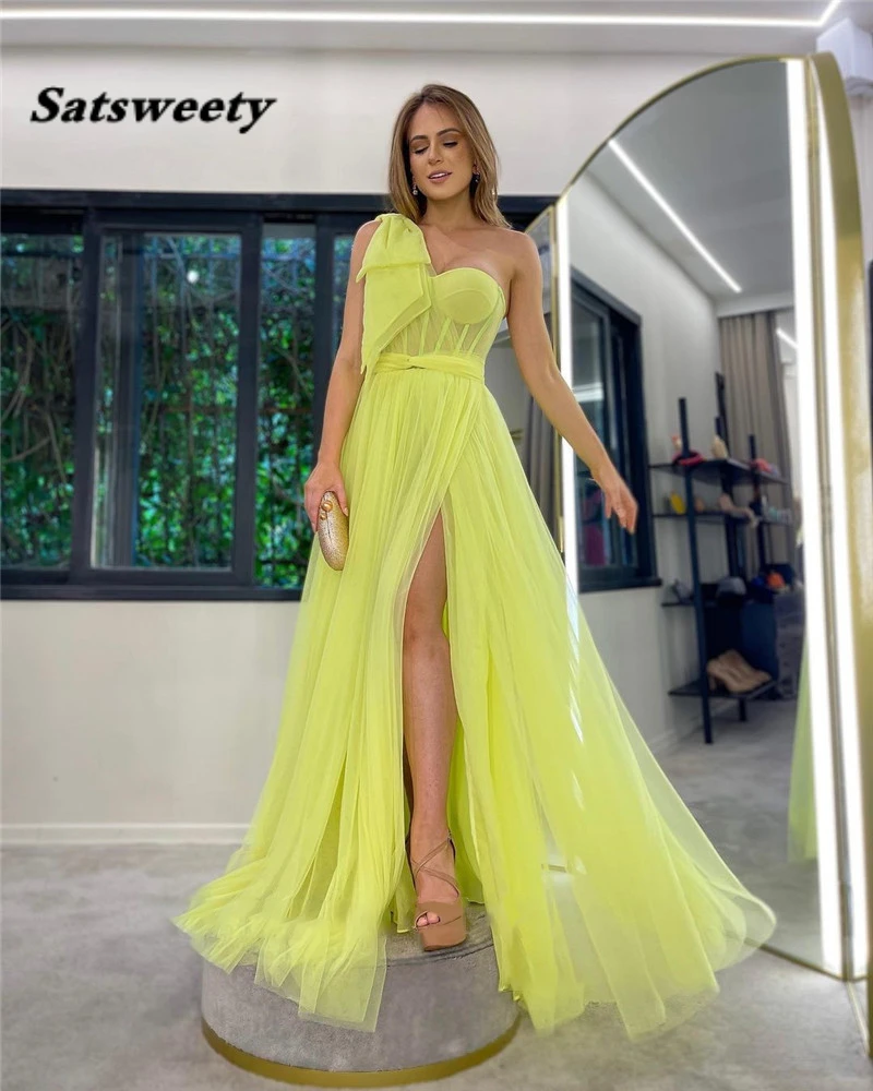 Yellow One Shoulder Prom Dress A Line Tulle Sweetheart Formal Evening Gowns High Slit Corset Simple Long Party Dresses