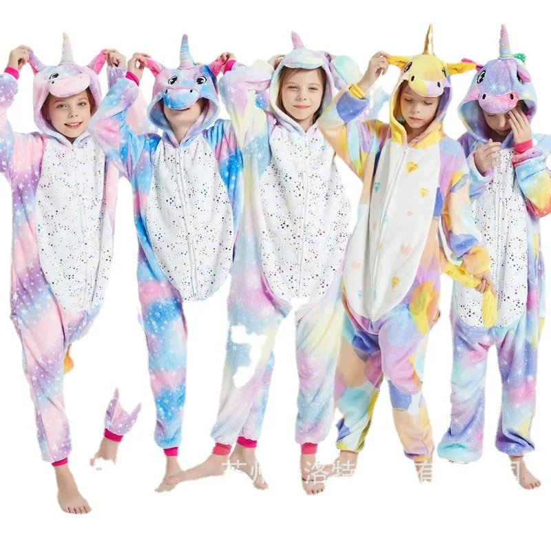 Kış çocuklar yetişkin pijama setleri yumuşak sıcak pazen Unicorn kostüm Kigurumi Boy Onesie seti Panda kaplan Bunny geyik aslan pijama takım