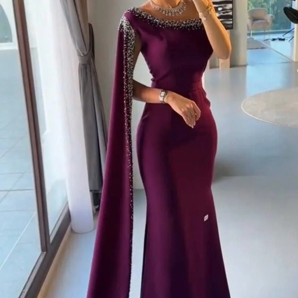 Exquisite Pleats Crystal One Shoulder Watteau Train Evening Dresses Temperament Mermaid Satin Burgundy Party Gowns فساتين سهرة