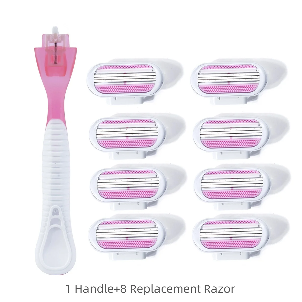 ماكينة حلاقة آمنة للنساء - مقبض واحد + 8 شفرات من الفولاذ المقاوم للصدأ قابلة للاستبدال مكونة من 3 طبقات، رأس ماكينة حلاقة وردية لإزالة الشعر بشكل سلس