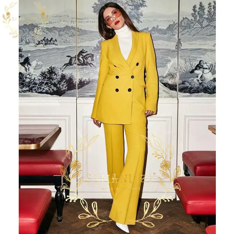 Ladies Business Suit Office Yellow Double Breasted Wide Leg Womens Pantsuits Formal Weddings Party Uniform Style Costume Femme