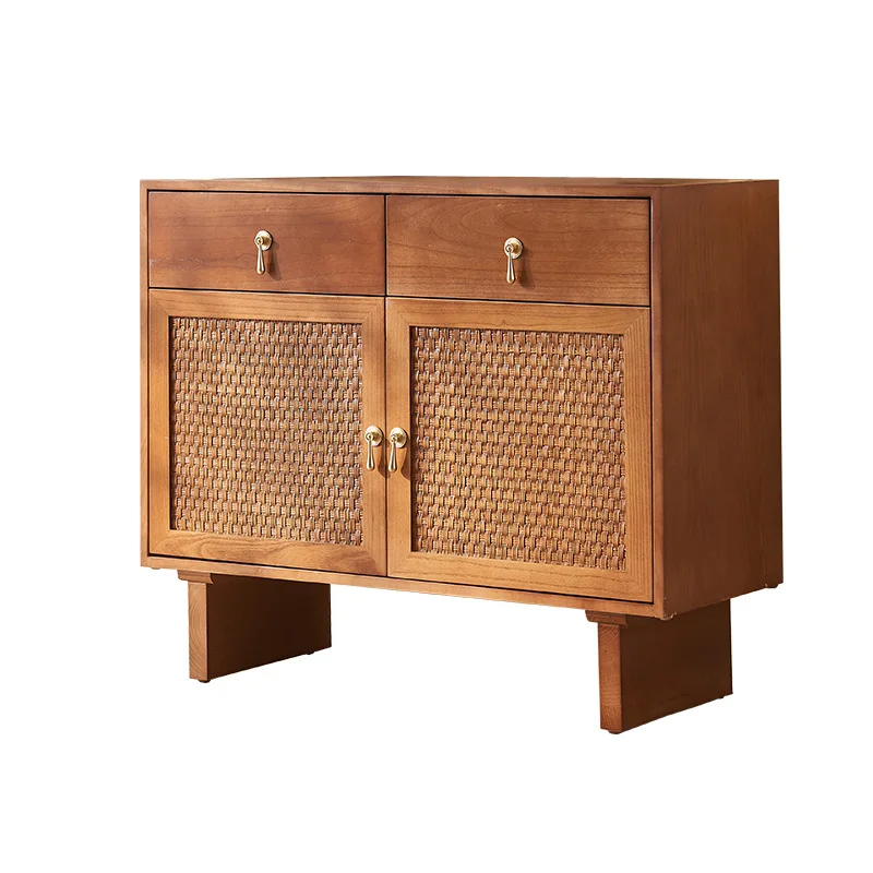 

Medieval style solid wood rattan dining side cabinet living room retro ash wood B & B wabi sandy wind double door locker with