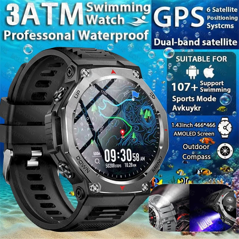 2025 Новые спортивные умные часы на открытом воздухе, GPS AMOLED, мониторинг сердечного ритма, светодиодный фонарик, Bluetooth-вызов, 5 АТМ, водонепроницаемые умные часы