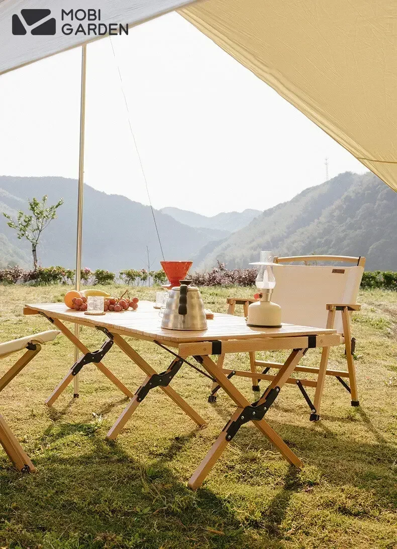 MOBI GARDEN Egg Roll Table Glamping Portable Light Luxury Outdoor Folding Table Camping Household Solid Wood Camping Table