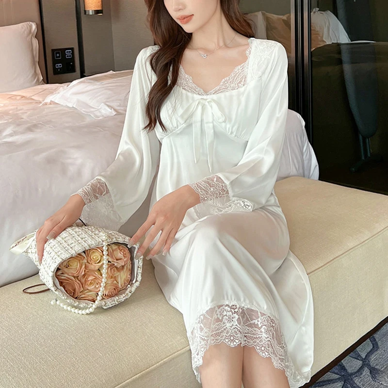 Sweet Women Lace Hollow Nightdress Sexy Nightgown Sleepshirt Loose Home Clothes Satin Nightgown Girl Spring Summer Nightwear