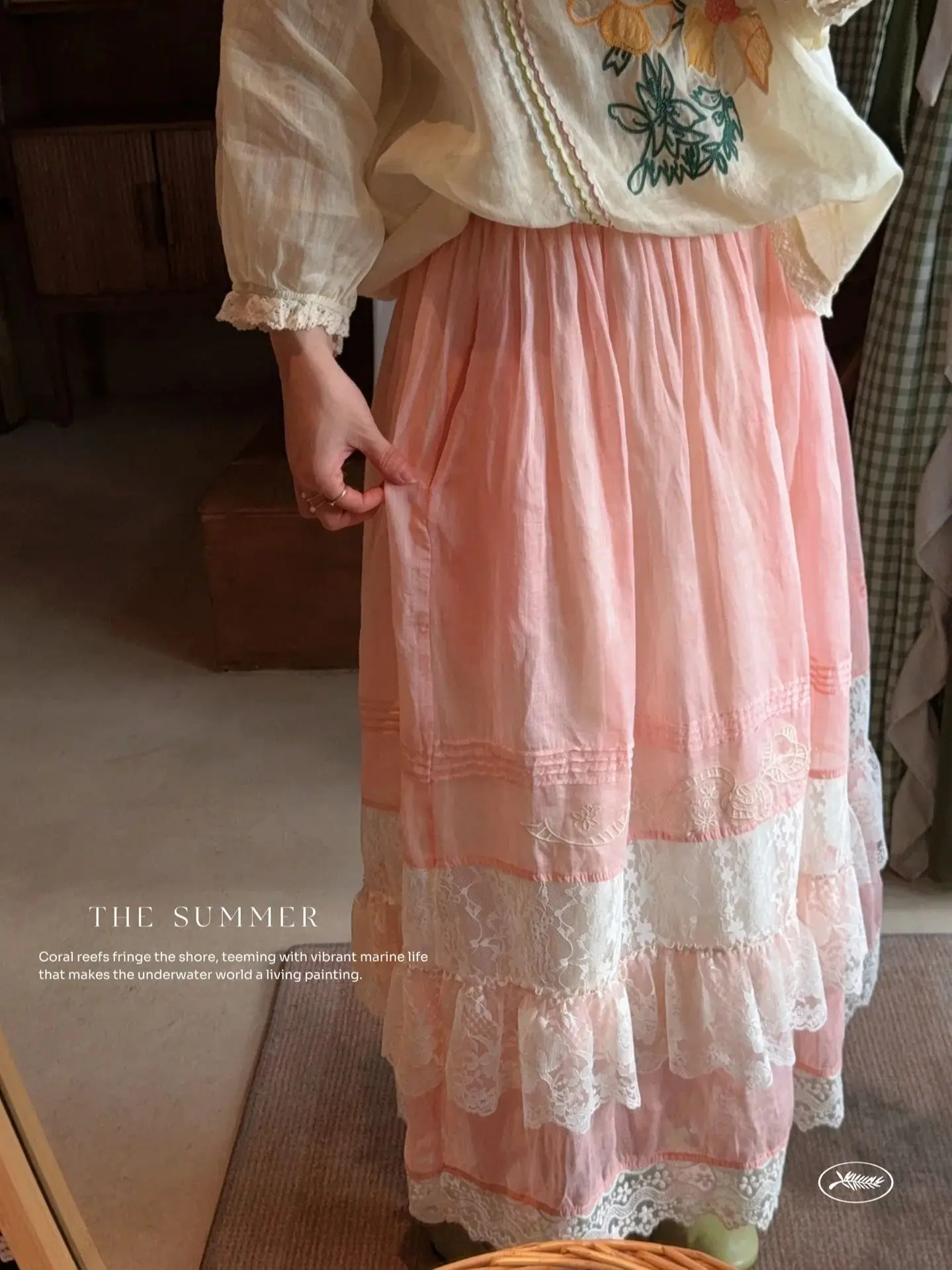 TIYIHAILEY Ramie Long Mid-Calf Pink Skirts Elastic Waist A Line Spring and Summer Ladies Lace Patchwork Japanese 2026 New