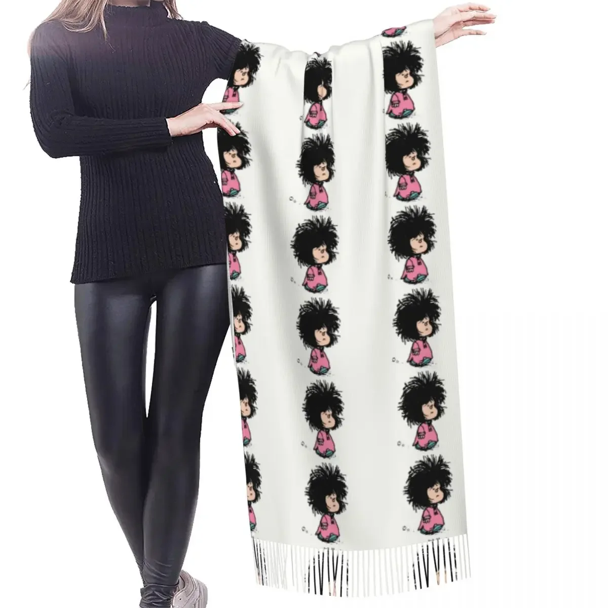 Fashion Humor Manga Mafalda Tassel Scarf Women Winter Fall Warm Shawl Wrap Ladies Quino Argentina Cartoon Versatile FemalScarves