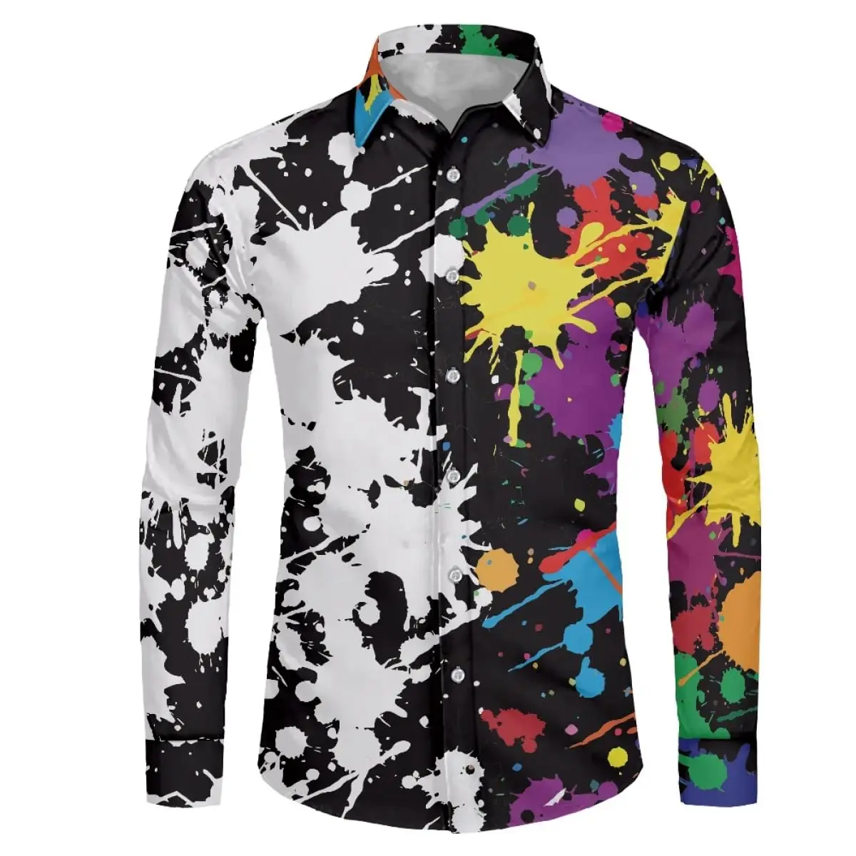 Men's Shirt Regular Lapel Festival Shirt Men 3d Printing Color Splash Printing Casual Street Long Sleeve Fashion Printed Shirt