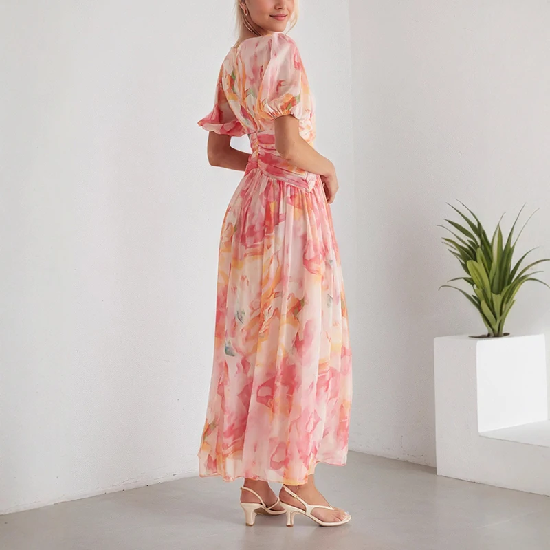Vestido largo de gasa estilo vacaciones de cintura alta elegante vestido estampado de manga corta con cuello en V novedad de verano vestidos plisados con dobladillo grande para mujer