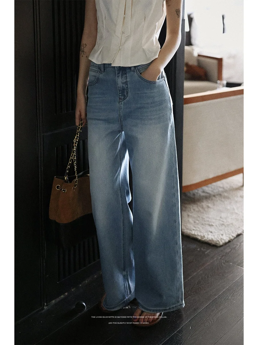 

Retro Washed Loose Wide Leg Jeans Women's Casual Style Natural Waist Zipper Closure Color Spring Season Ladies Jeans