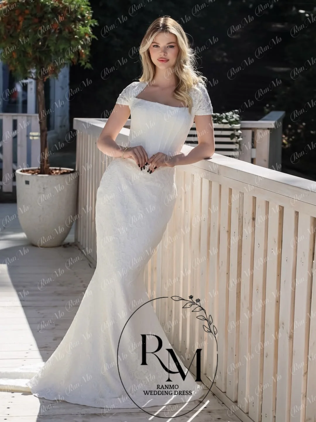 Ranmo Charming New White Lace Evening Dress Square Collar Short Sleeves Mermaid Wedding Party Dresses Customized for Woman 2026