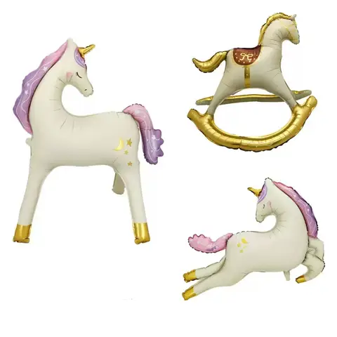Nouveau emballage 3D debout anniversaire mat rétro licorne cheval en bois décoration de fête d'anniversaire ballons en film d'aluminium