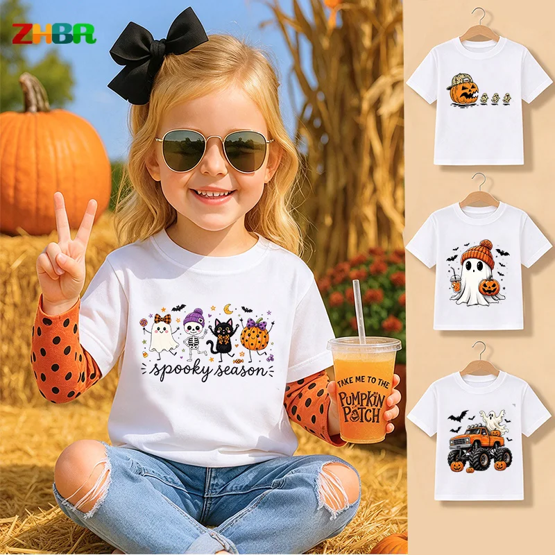 Kids Halloween T Shirt Spooky Season Ghost Skeleton Pumpkin Boys Shirt Girls Cotton Shirts Tee Toddler Cartoon Party Casual Tops