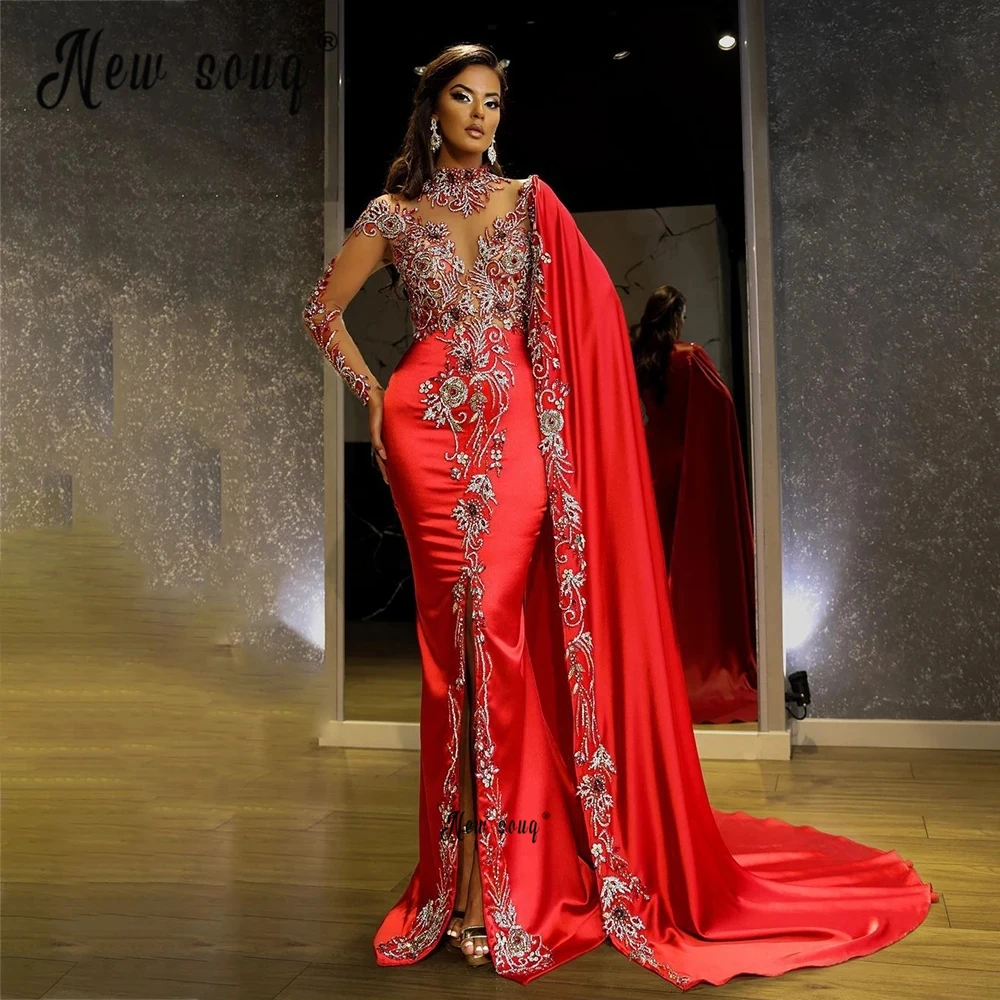 Luxo vermelho sereia frisado artesanal vestido de noite longo capa manga aso ebi frente fenda vestidos de baile de casamento feminino vestidos de festa