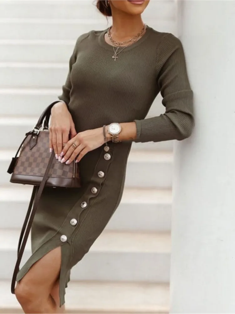 

2024 New Autumn Winter Knitted Dress Long-sleeved Round Neck Slit Button Dress Fashion Sexy Tight Temperament Knitted Dress