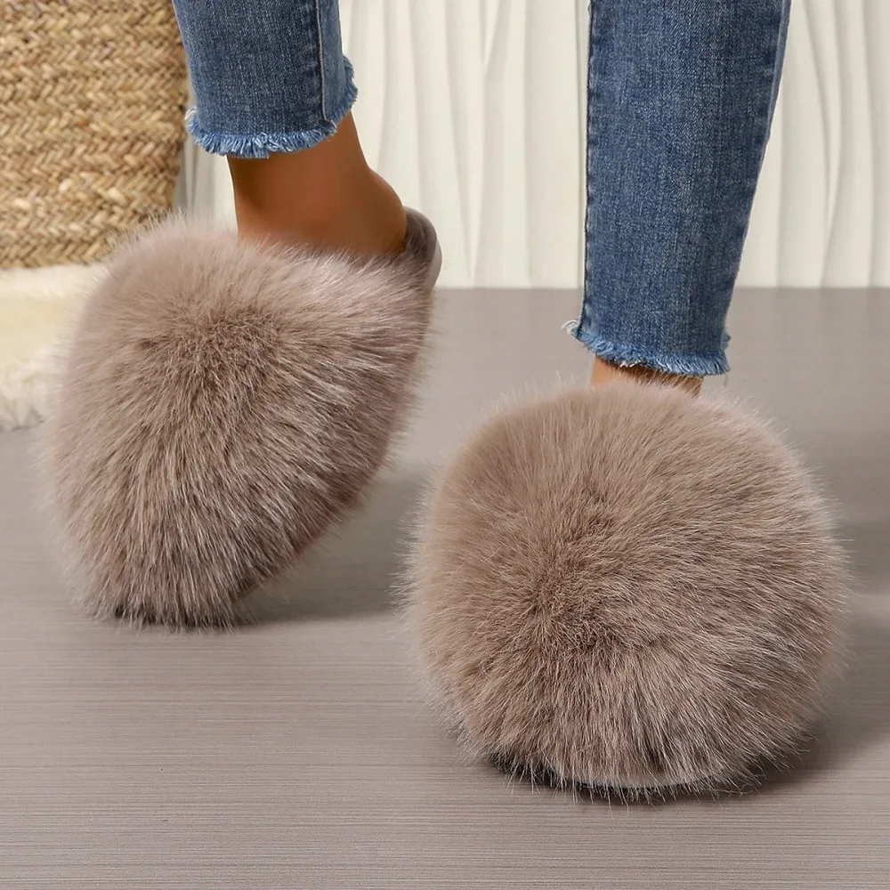 Winterfellige Damen-Hausschuhe, bequeme Flip-Flops, flache Pantoffeln, Indoor-Schlafzimmer-Plüschschuhe für Damen – Detail 14