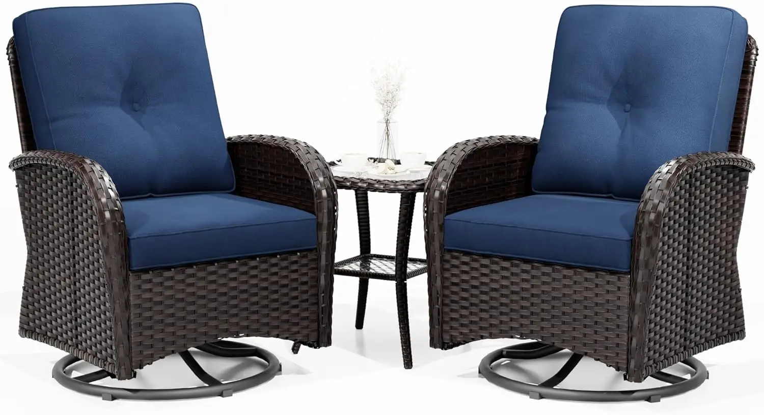 

Outdoor Swivel Rocker Chairs, 3 Piece Wicker Patio Set with Thickened Cushions, High Back, Deep