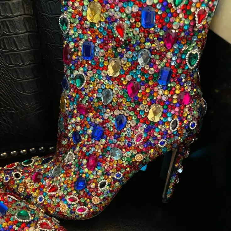 European Color Blocked Luxury Rhinestone Fashionable Ankle Pointed Slope Heel Winter Boots Ankle Boots