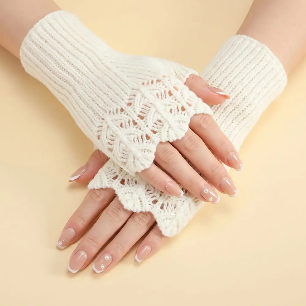 All-Match Vintage Knitted Gloves Hollow Out Half Finger Fingerless Gloves Korean Style Waterproof Crochet Flower Mittens Gift