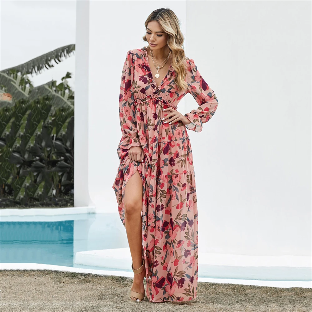 Fashionable V-neck Chiffon Floral Long-sleeved Dress For Women,Muslim Loose And Casual Chiffon Long Dress For Women