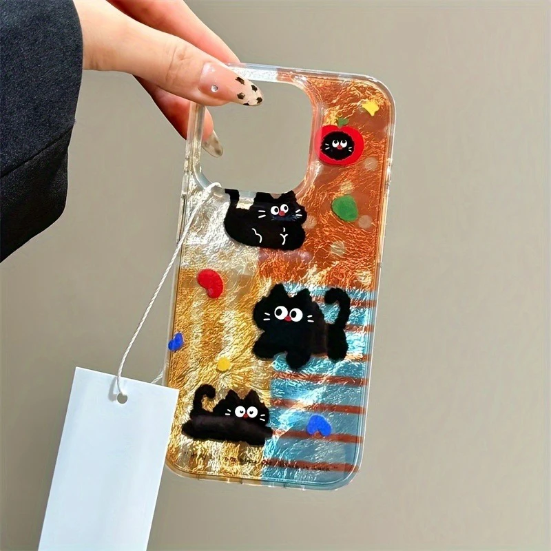 Cute Black Cat Glitter Glacier Pattern Phone Case for Samsung Galaxy S25 S24 S23 S22 S21 FE Ultra Plus 4G 5G Feather Back Cover