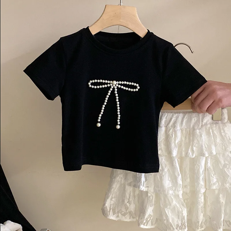 T-shirt Thin Girls Summer New Korean Bow Knot Short Sleeved Skirt Childrens Clothing 2024 Round Collar Simple Bows Fashion