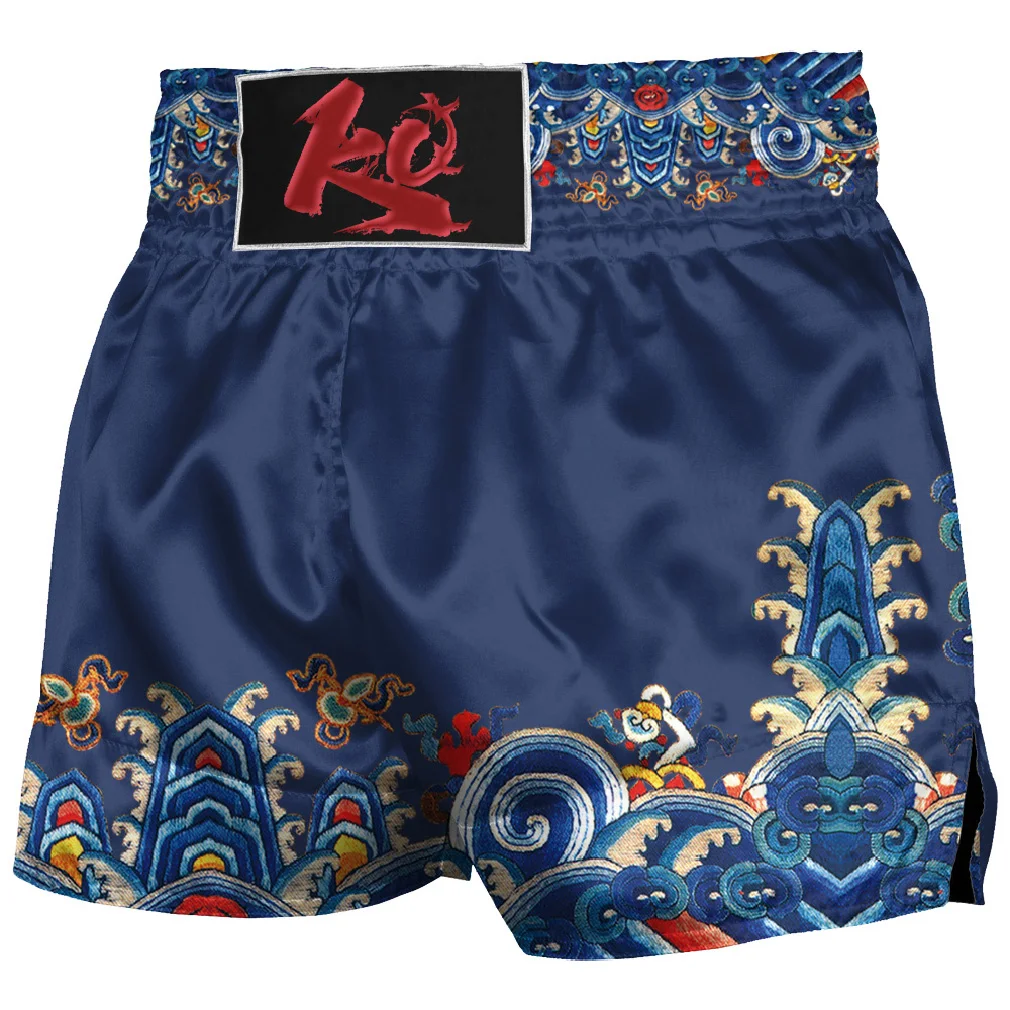 Men Navy Muay Thai Boxing Trunks Shiny Combat Shorts Ethnic Printed MMA Shorts