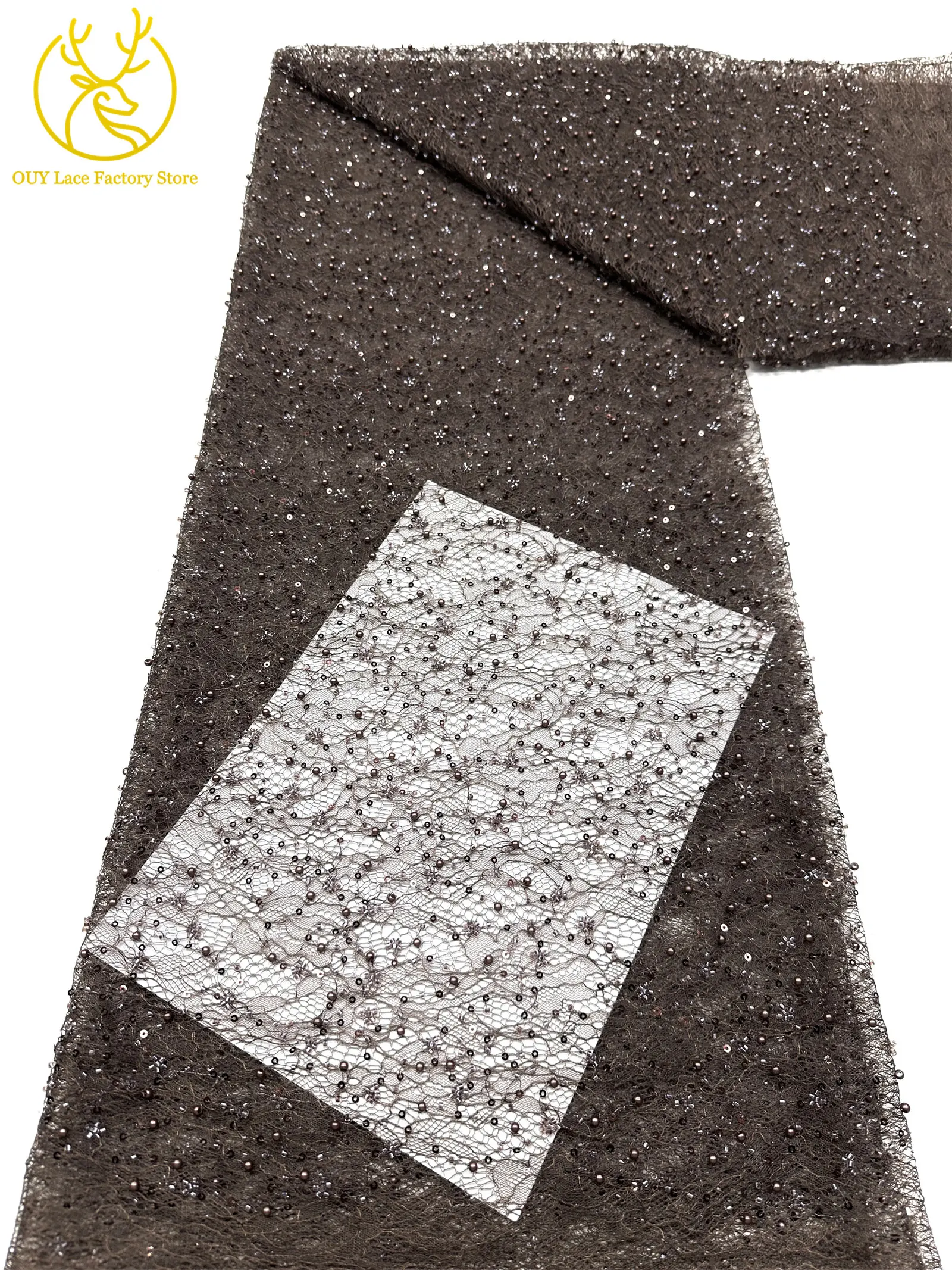 Kaffeebraune französische Tüllspitze mit Pailletten, 5 Yards, hochwertige afrikanische Spitze, nigerianischer Perlenstickerei-Spitzenstoff zum Nähen von Damen-Abendkleidern – Detail 29