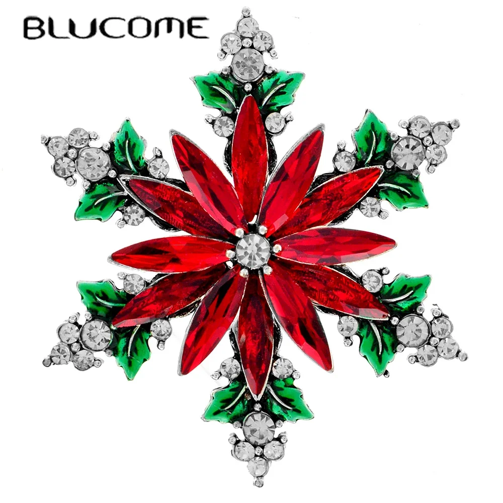 Blucome silver color snowflake pin christmas red and green brooches for women vintage accessories party decorations