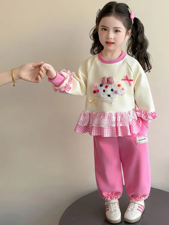 

Spring 2026 Girl's Cartoon Dog Lace Sweatshirt Set Casual Trendy Two-Piece Suit for Little Girls Comfortable Long Sleeve Outfit