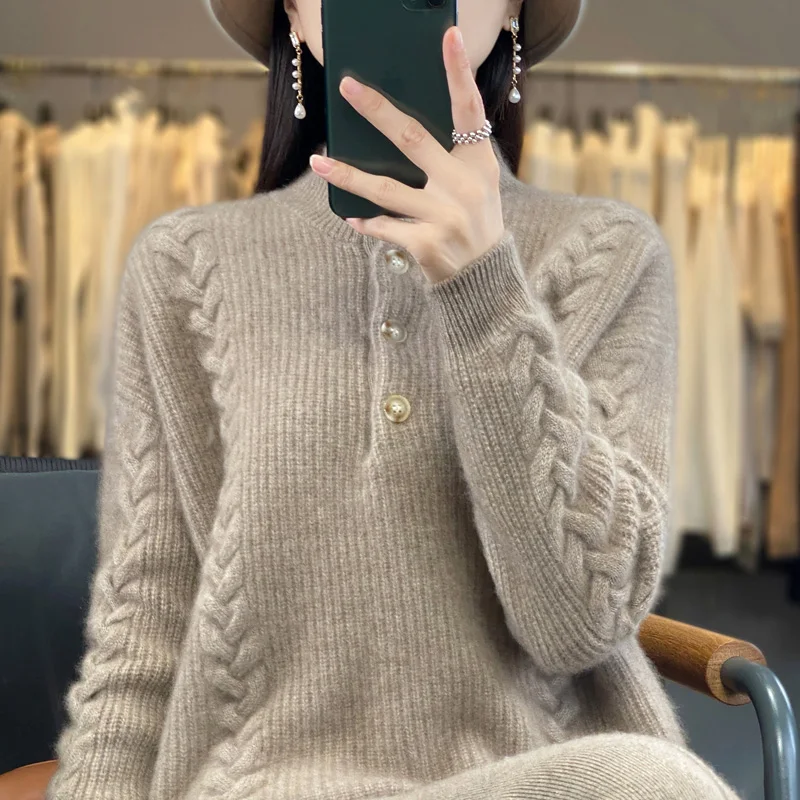 Cashmere Sweater Women\'s 2023 Autumn/Winter New Knitted Half High Collar Pullover 100% Wool Loose Korean Fashion Luxury Top