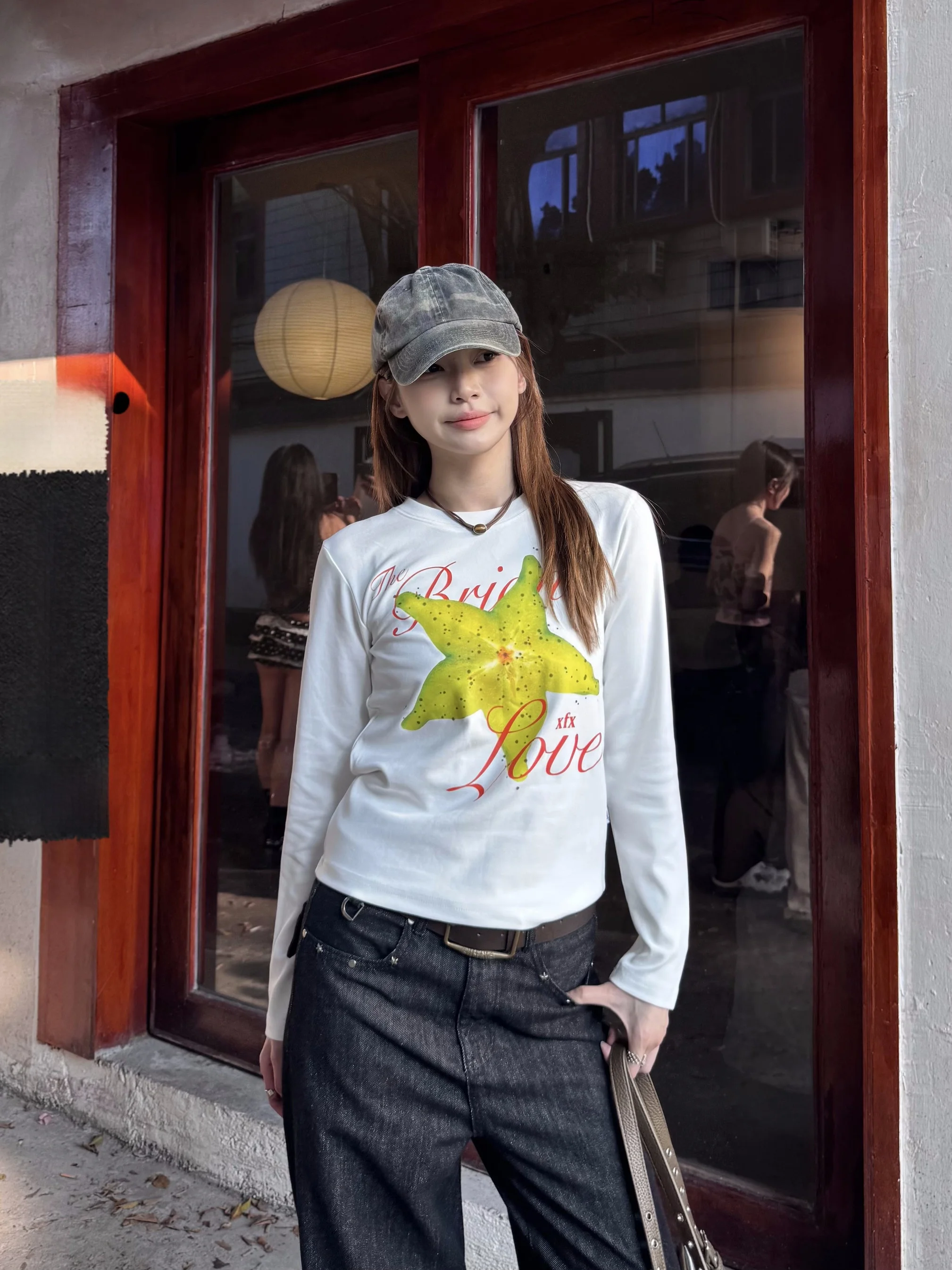 

XFX Original American Retro Loose Long Sve T-irt Women's Casual Slimming Letter Print Top Cotton Polyester Blend