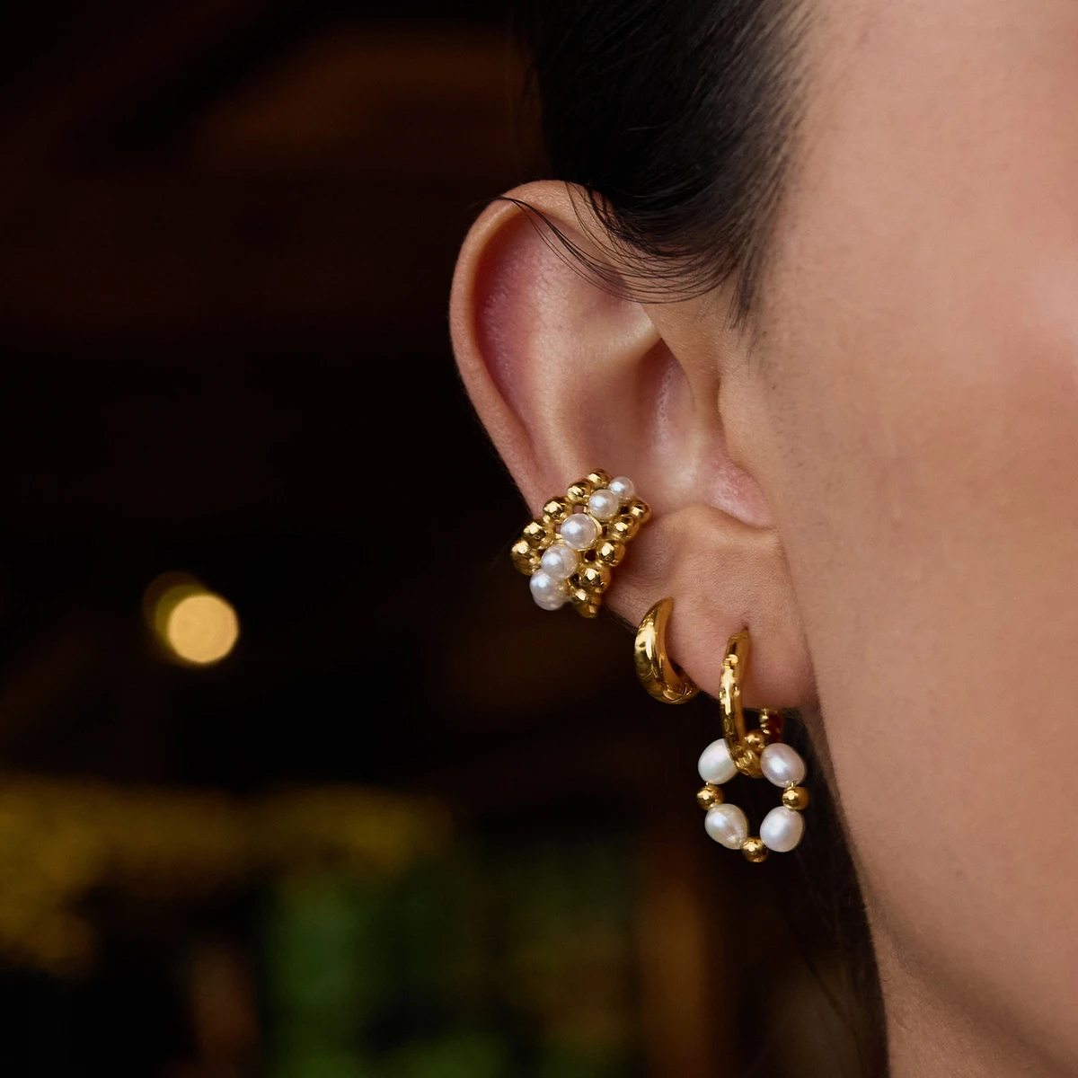 

AIKOER Elegant Style 18K Gold Color Plated Stainless Steel Freshwater Pearl Double Ring Earrings Women's Jewelry Gift for Her