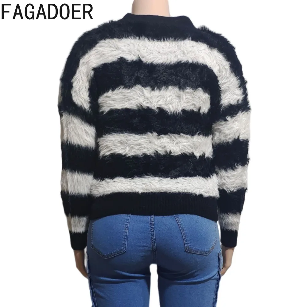 FAGADOER Black White Stripe Printing Casual Knitting Tops Women V Neck Button Long Sleeve Cardigan Spring New Slim Streetwear