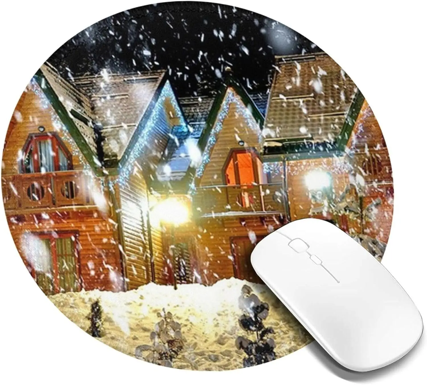 Christmas Landscape Print Mouse Mat with Non-Slip Rubber Base Cute Round Mousepad for Laptop Computer Office Work 7.9x7.9 Inch