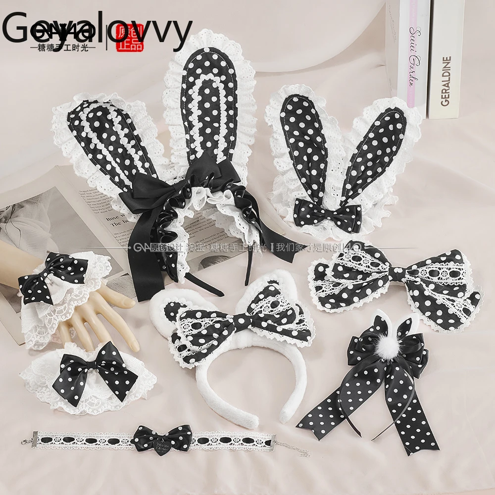 

Оригинальные аксессуары для волос в стиле Лолиты для девочек, бант, кролик, черно-белый горошек, повязка на голову с заячьими ушками, новый головной убор ручной работы