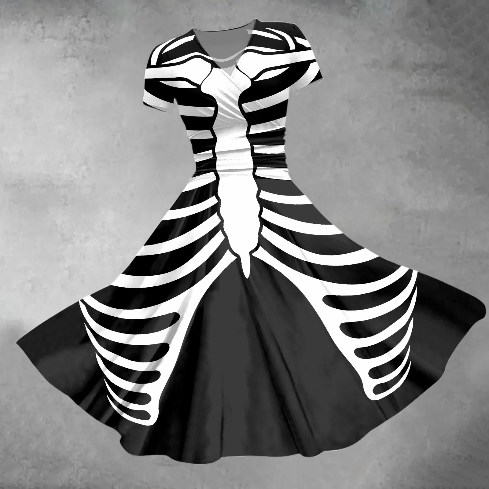 Halloween Skeleton Print Horror Dress Women V-Neck Short Sleeved Summer Large Swing Dresses Slim Fit High Waist Pleated Dress