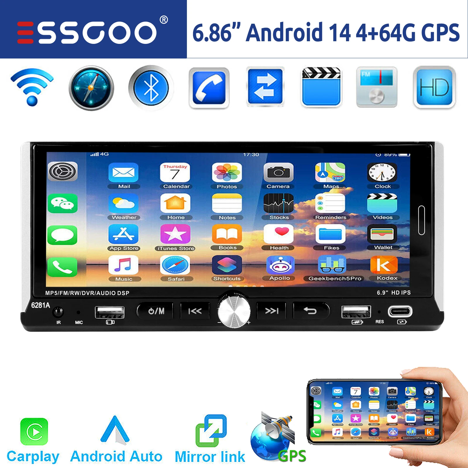 ESSGOO 1 DIN Autoradio Android 14 4+64G Auto Stereo mit Wireless Apple Carplay Android Auto GPS Navigation WIFI FM RDS Lenkradfernbedienung Bluetooth Touchscreen USB Type-C Equalizer Mirror Link