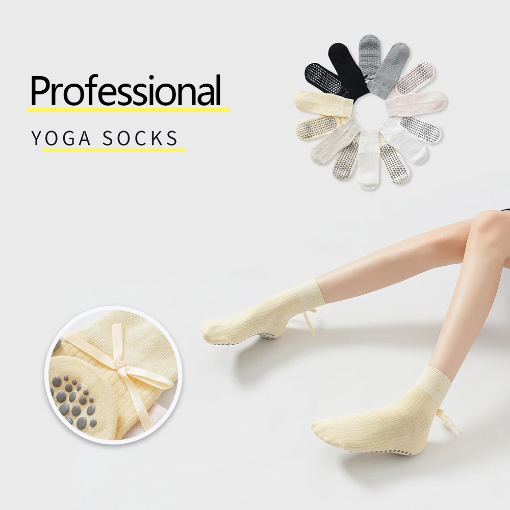 Chaussettes de yoga à nœud mignon pour filles, tendance douce, chaussettes de sport pour Pilates et fitness, professionnelles, antidérapantes, respirantes, en coton, cadeau pour femmes.
