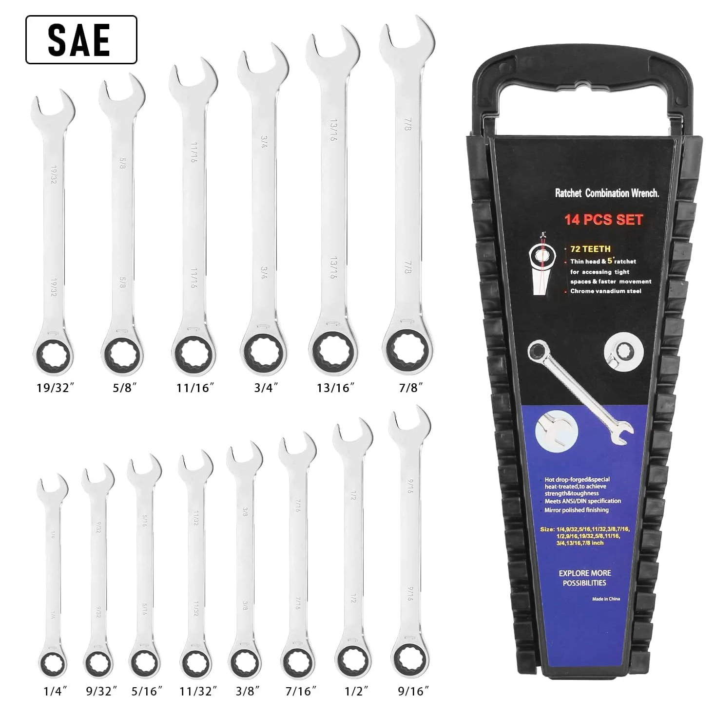 14-Piece Ratcheting Wrench Set  SAE 1/4”-7/8” Chrome Vanadium Steel Combination Wrench set with Wrench Rack PROSTORMER