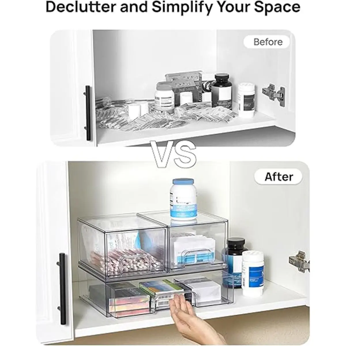 Stackable Clear Plastic Storage Drawers Set of 3, Cosmetic Makeup Organizer Bins for Vanity Bathroom Cabinet Pantry
