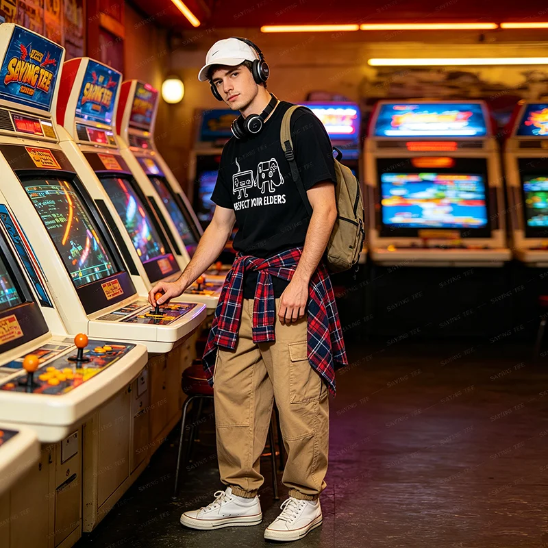 Gamer 80s 90s Humor Retro Controller Respect Your Elders Gaming T-Shirt Y2k Vintage Video Game Personalized Graphic Clothes Gift