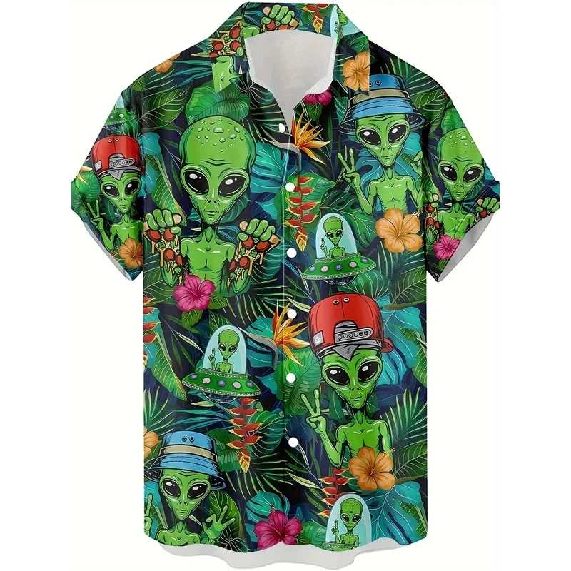 Men's Fashion Hawaiian Style Shirt, Novelty Aliens Pattern Allover Print Short Sleeve Button Up Lapel Shirts For Summer