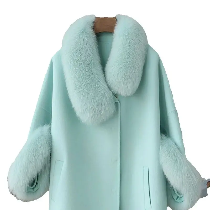 Double-sided cashmere, 2025 new double-sided wool, fox fur, medium-length woolen coat for women