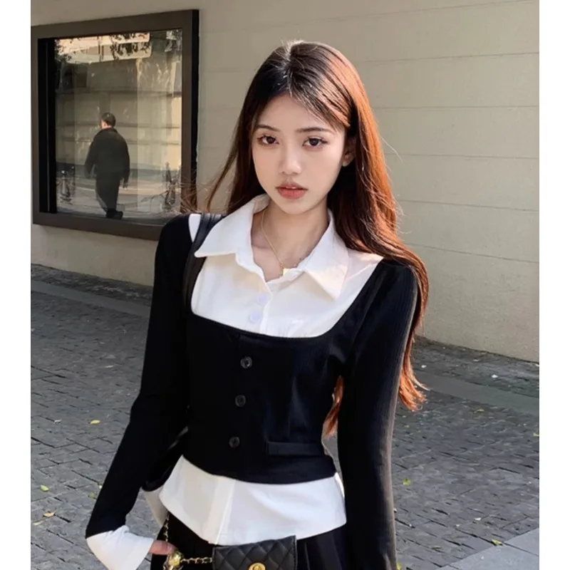 

Shirts Women Slim Sexy Daily Minimalist Aesthetic Prevalent Vitality Cropped French Style Sweet Fake Two Pieces Spring Autumn