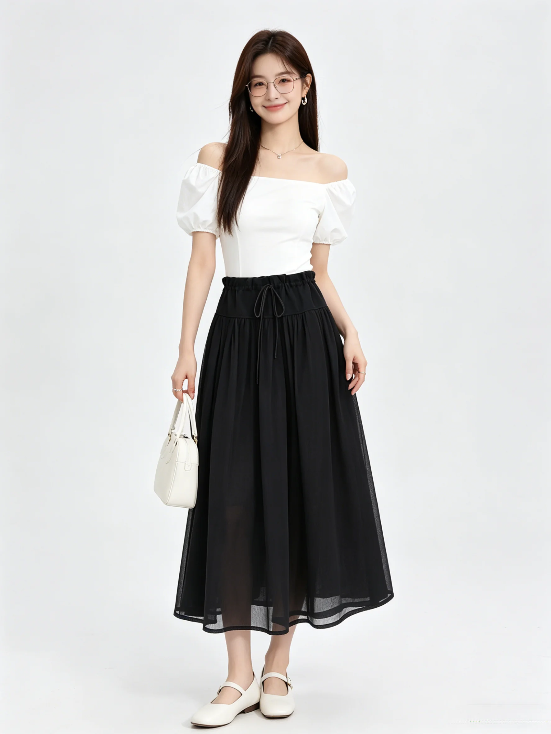 

Korean Style High Waist A-Line Mesh Skirt Women's Summer Belted Slimming Hip Covering Long Skirt Breathable Skin-Friendly
