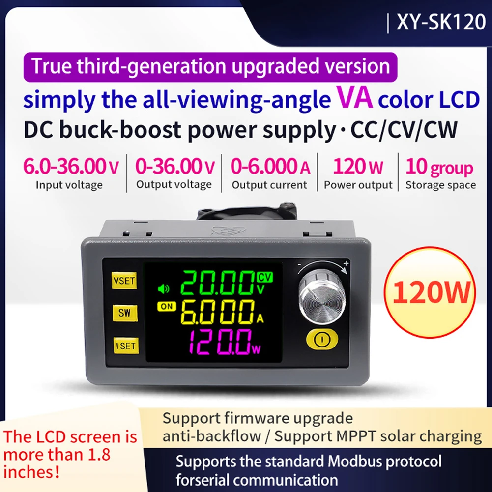 XY-SK120 디지털 직류 전압 조정기 전원 공급 장치 모듈, 전체 시야각 VA 컬러 LCD 디스플레이 펌웨어 업그레이드