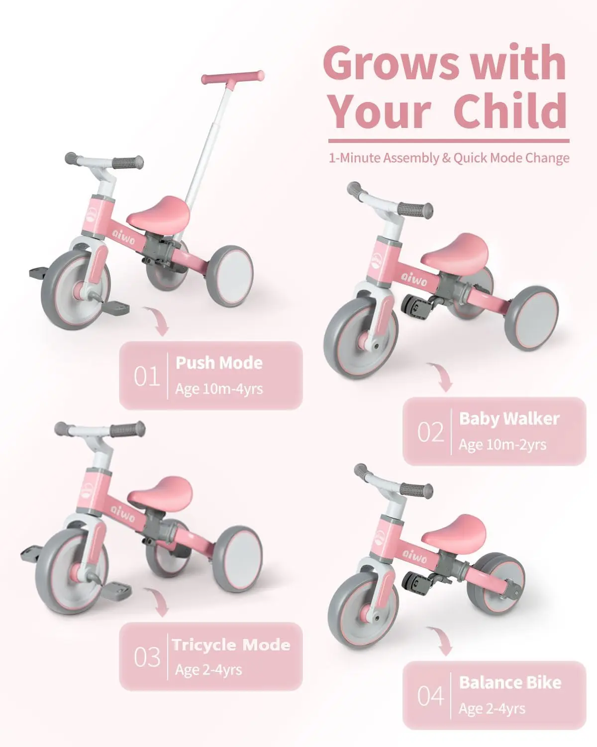 5in1 Tricycle for Toddlers 1-3, Toddler Balance Bike for 1 to 4 Year Old Kids Boys Girls First Gift, Ride-on Toys Toddler Bike w